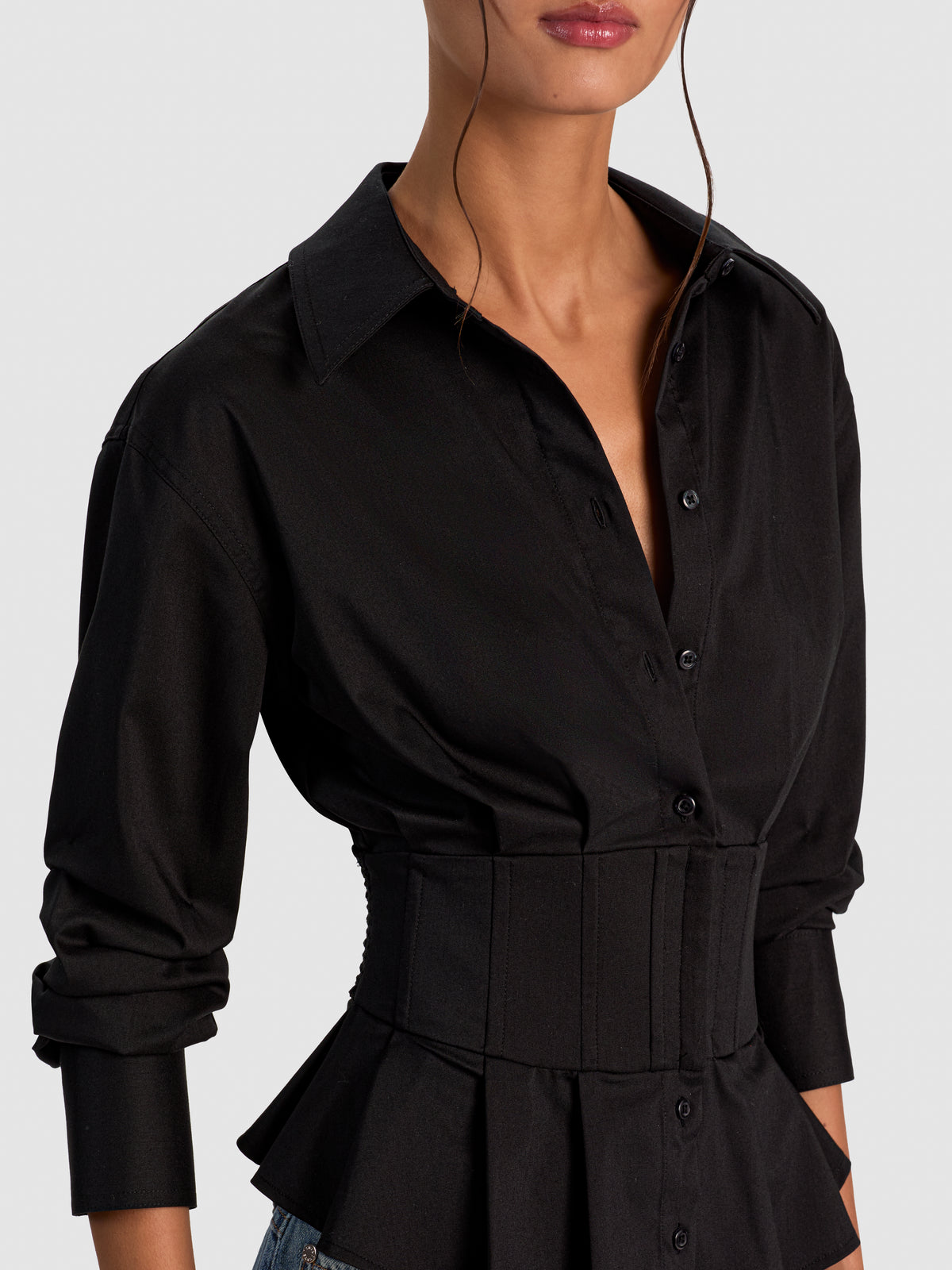 EDIE GATHERED CORSET BUTTON DOWN - BLACK