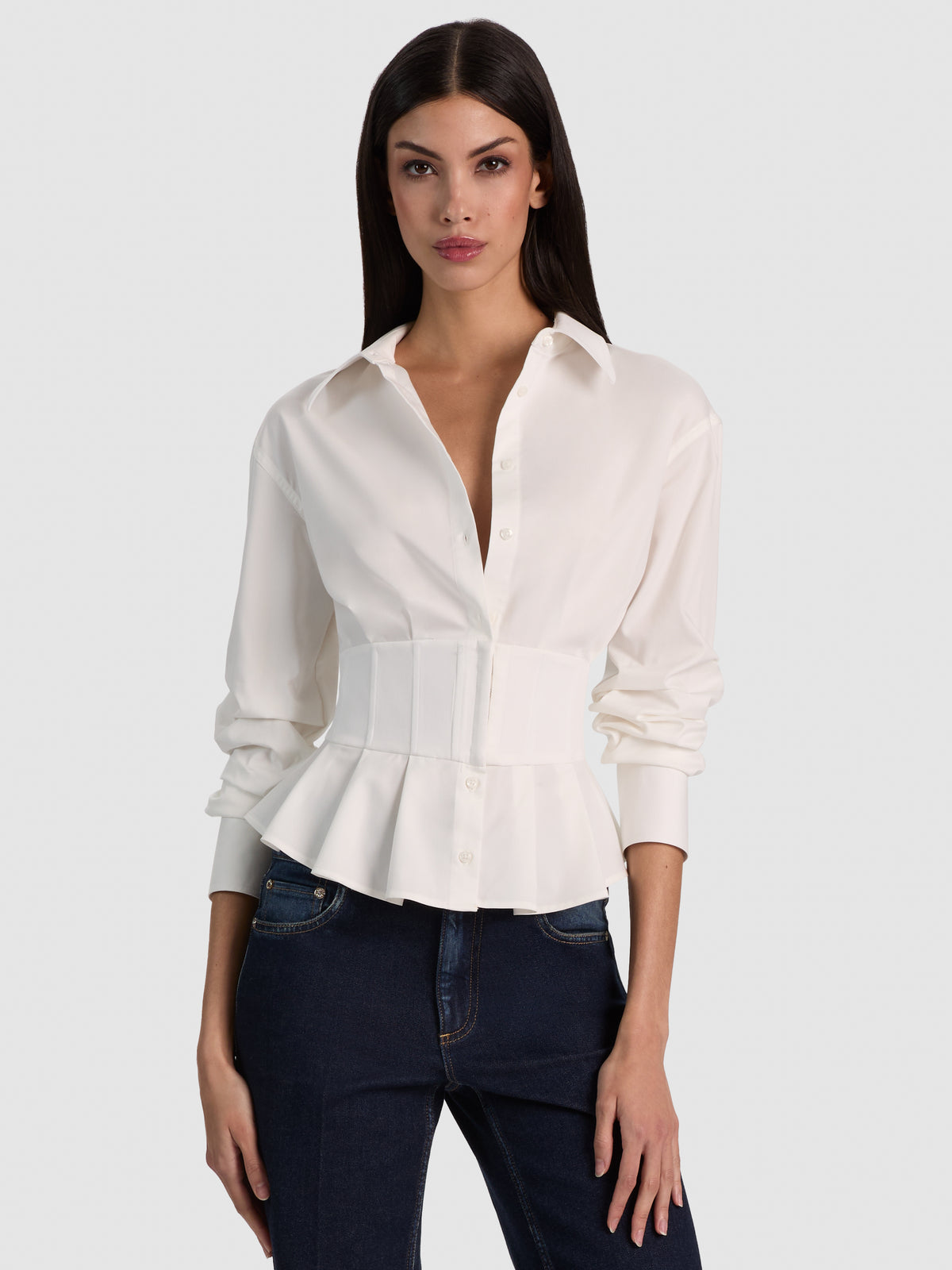 EDIE GATHERED CORSET BUTTON DOWN - OFF WHITE