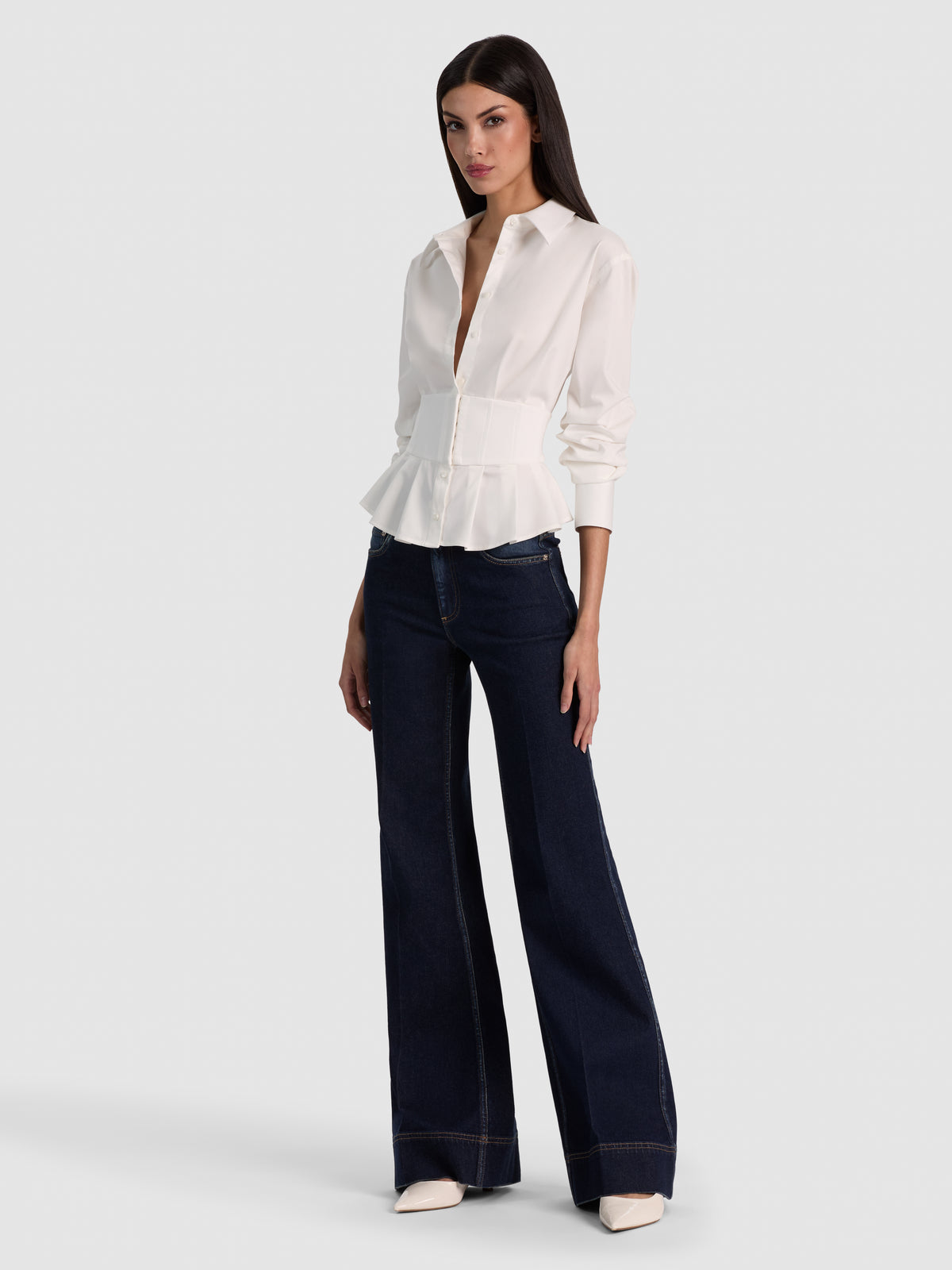 EDIE GATHERED CORSET BUTTON DOWN - OFF WHITE