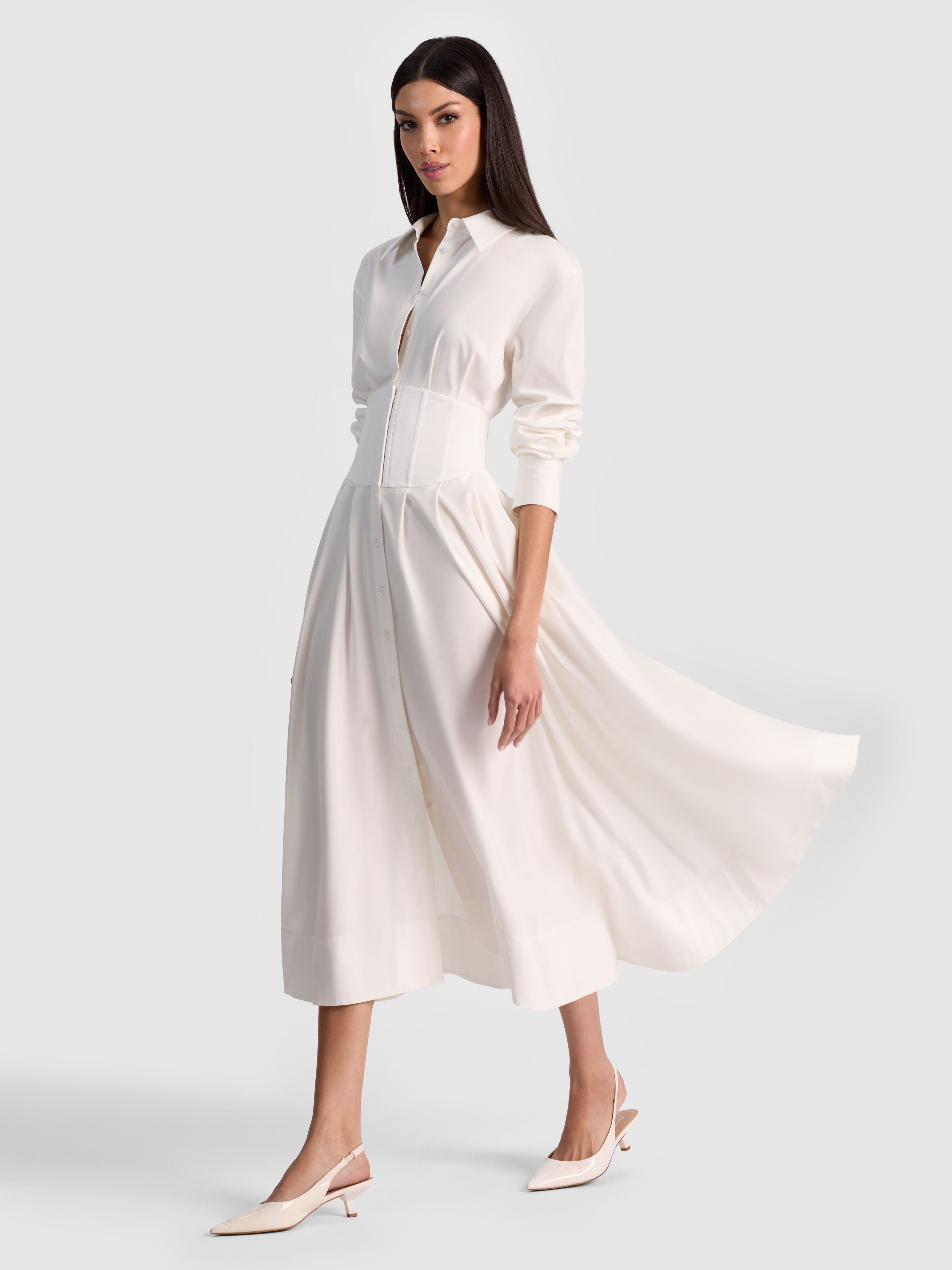EDIE CORSET BUTTON DOWN MIDI DRESS-ALICE + OLIVIA