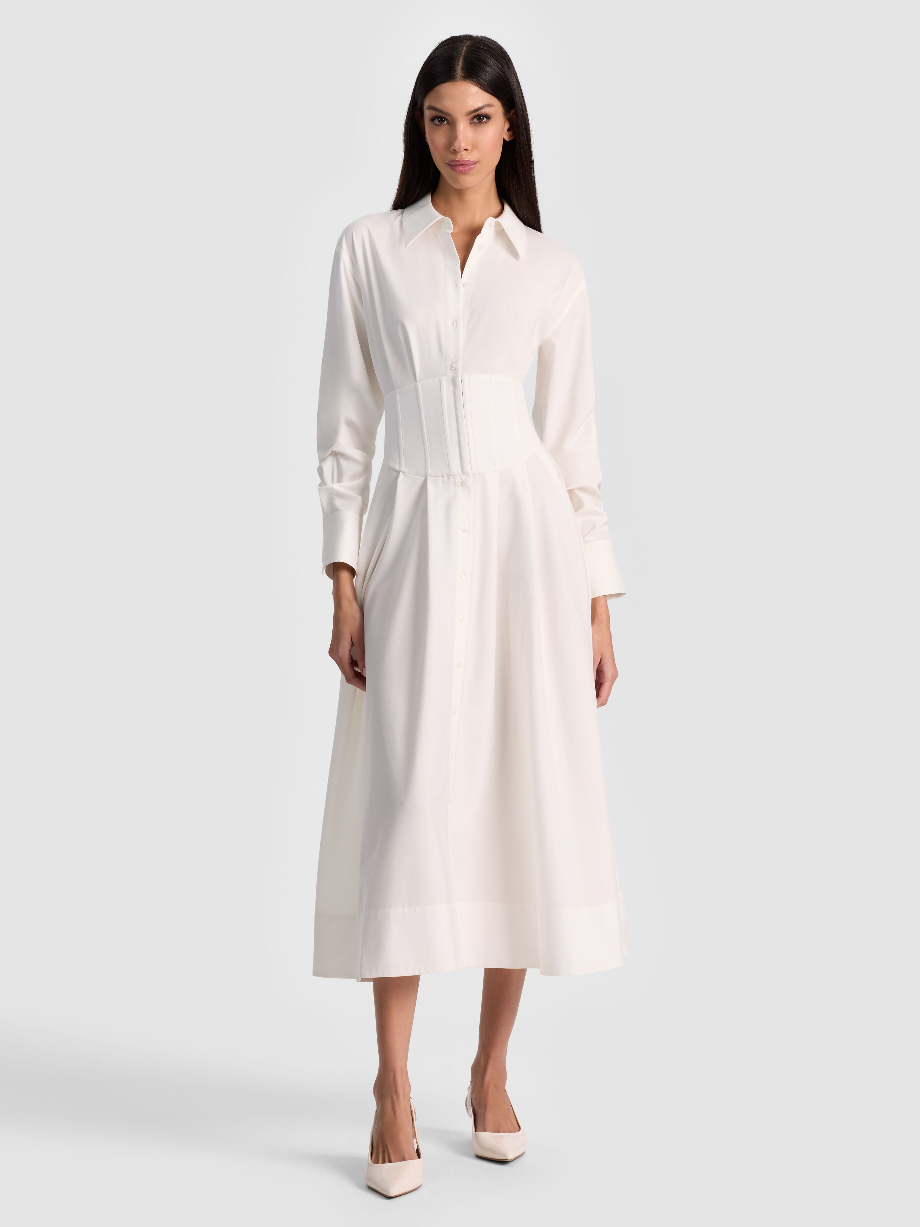 EDIE CORSET MIDI SHIRT DRESS-ALICE + OLIVIA