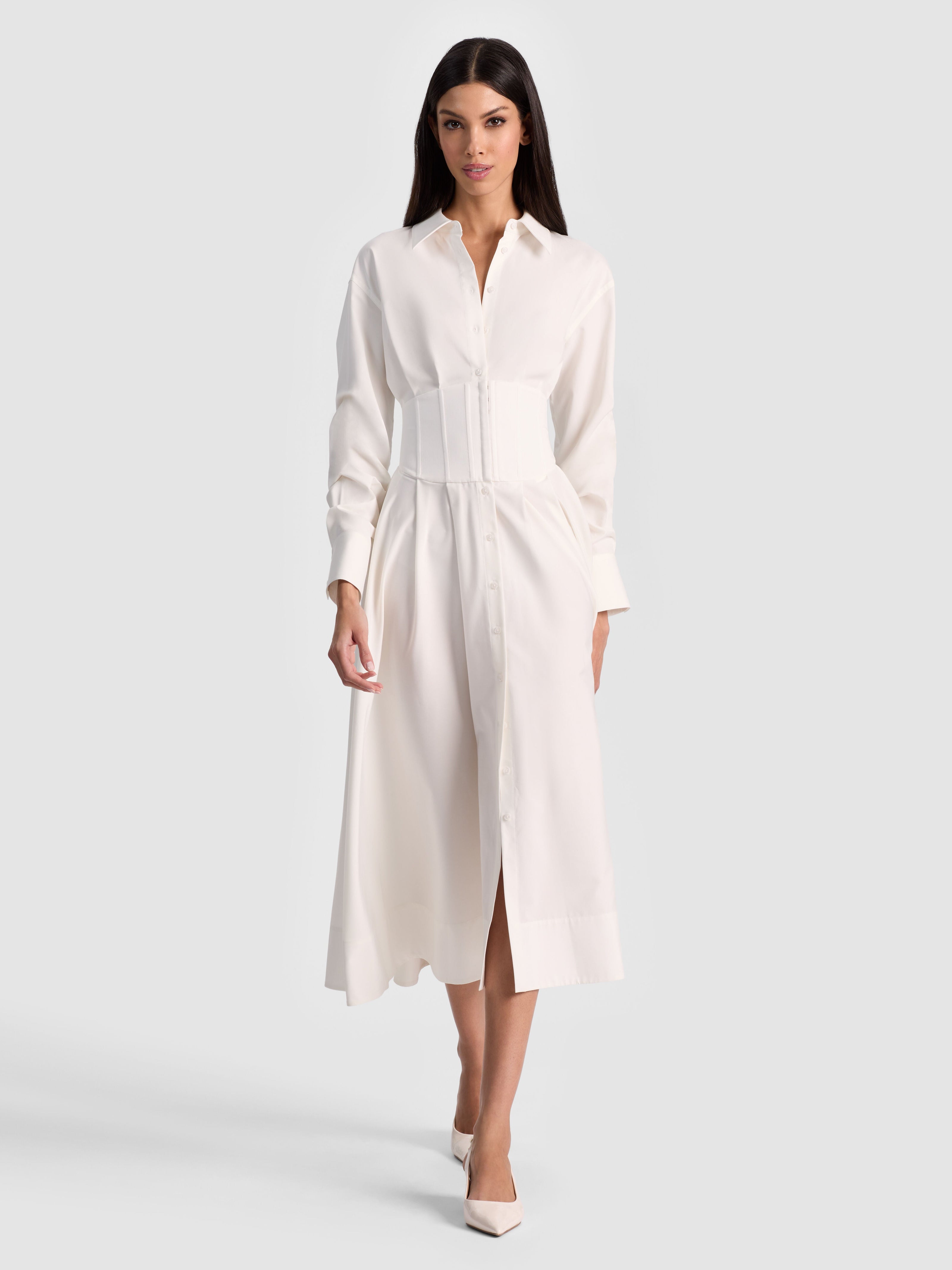 EDIE CORSET MIDI SHIRT DRESS-ALICE + OLIVIA