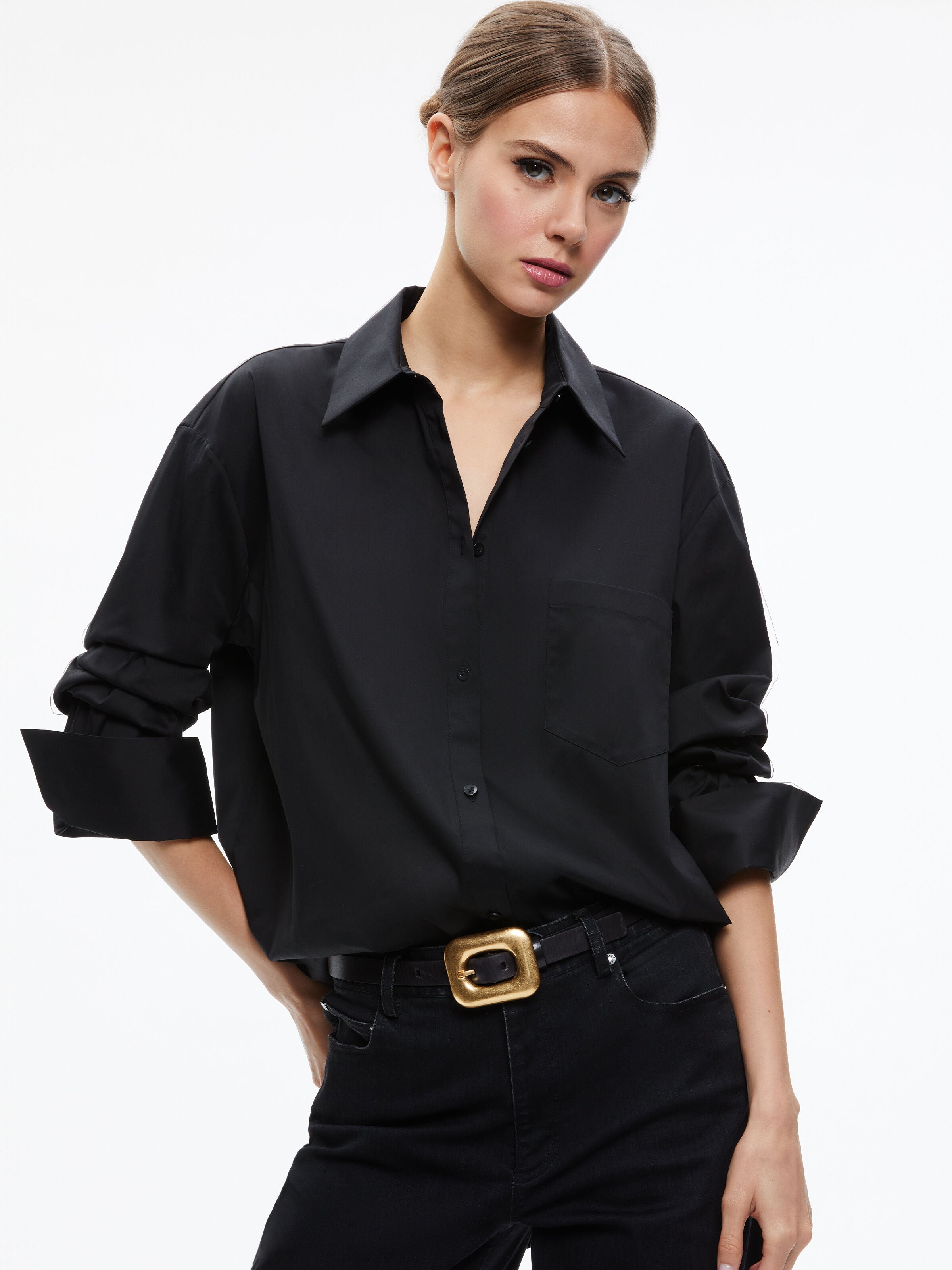 FINELY OVERSIZED BUTTON DOWN SHIRT-Black-ALICE + OLIVIA