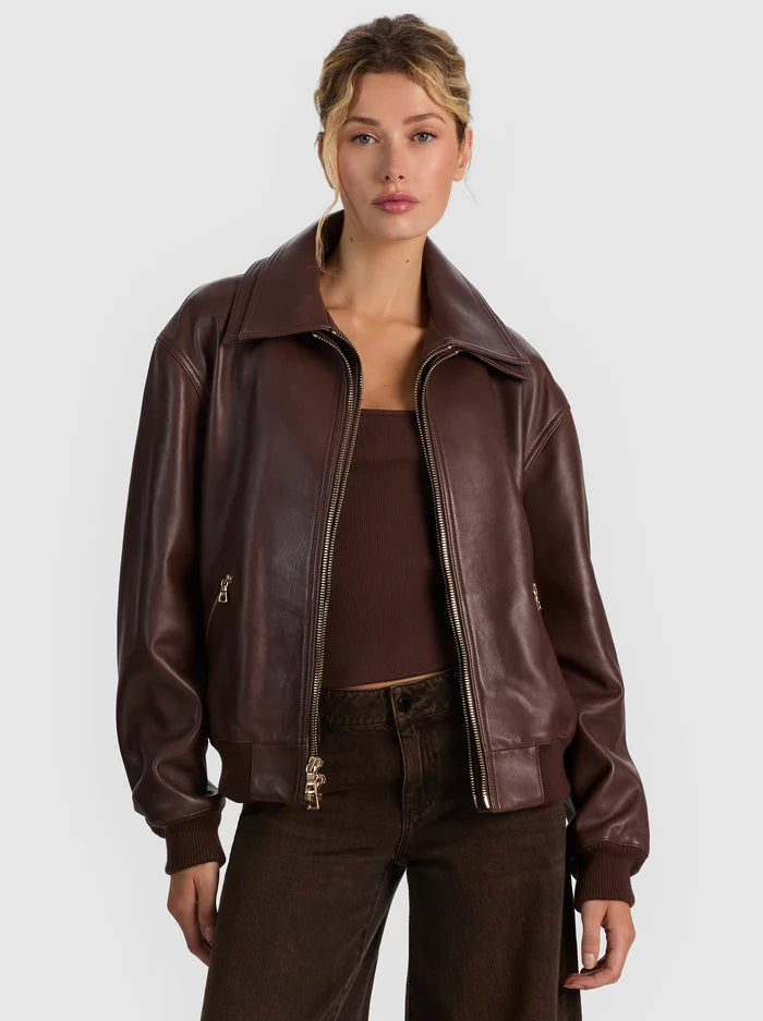 COLLINS DOUBLE LAYER LEATHER JACKET-DARK CHOCOLATE-ALICE + OLIVIA