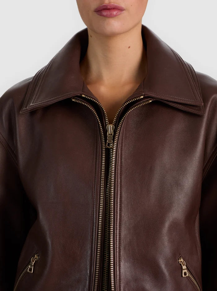 COLLINS DOUBLE LAYER LEATHER JACKET-DARK CHOCOLATE-ALICE + OLIVIA