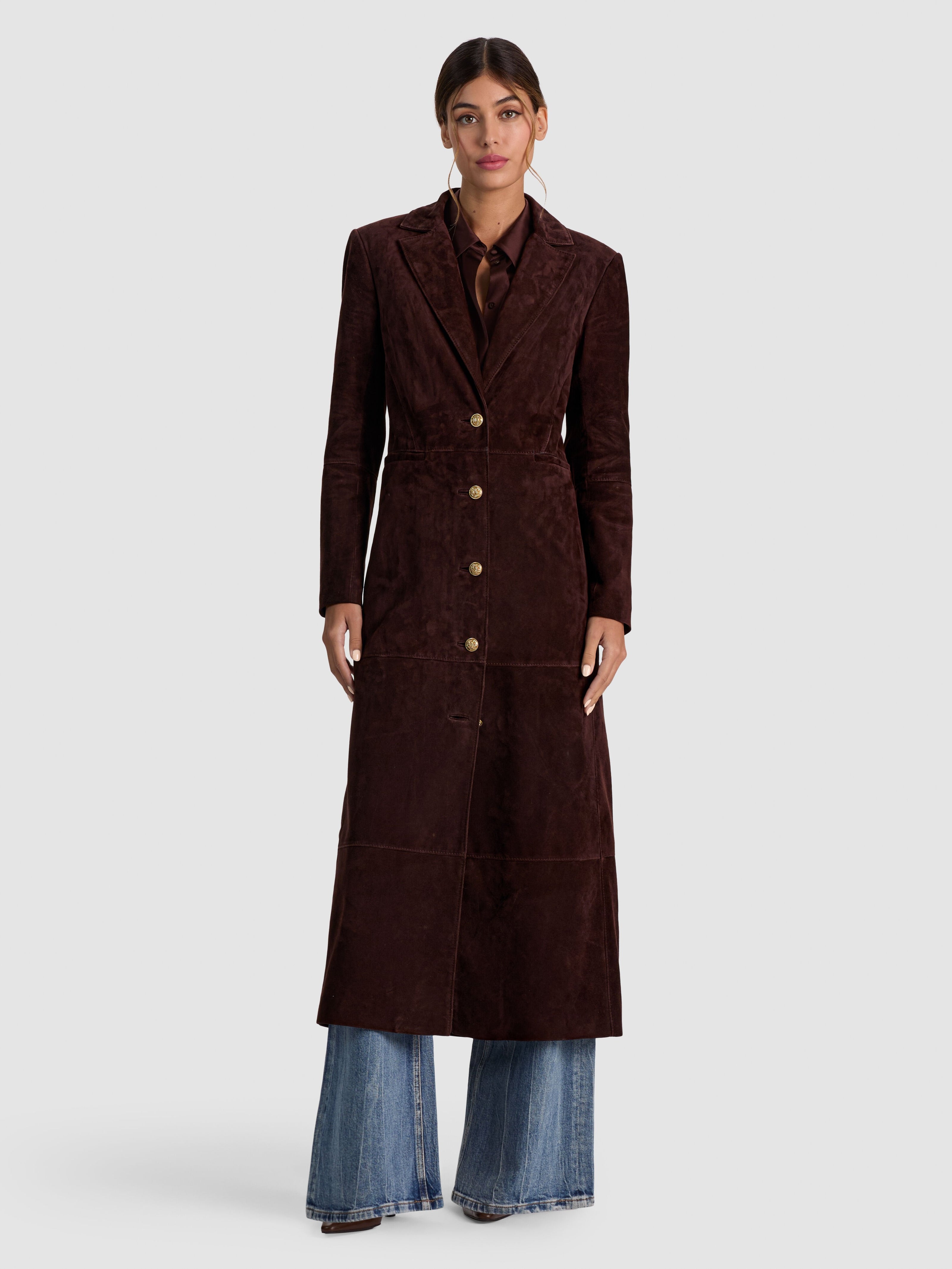 IRVIN SUEDE SLIM MAXI BLAZER - DARK CHOCOLATE