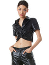PHEBE VEGAN LEATHER TWIST FRONT BUTTON DOWN TOP-ALICE + OLIVIA