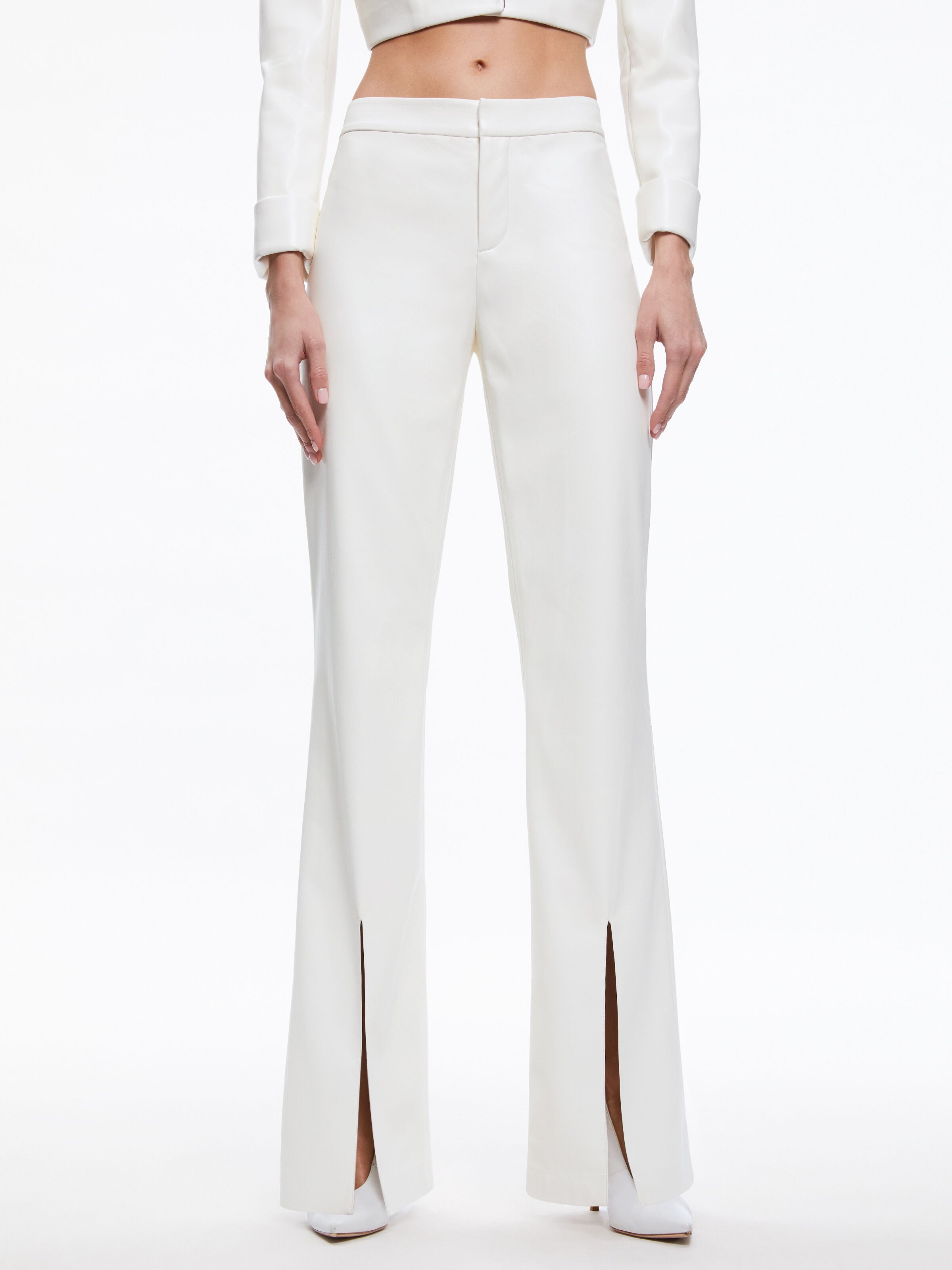 WALKER SLIM VEGAN LEATHER FRONT SLIT PANTS-ALICE + OLIVIA