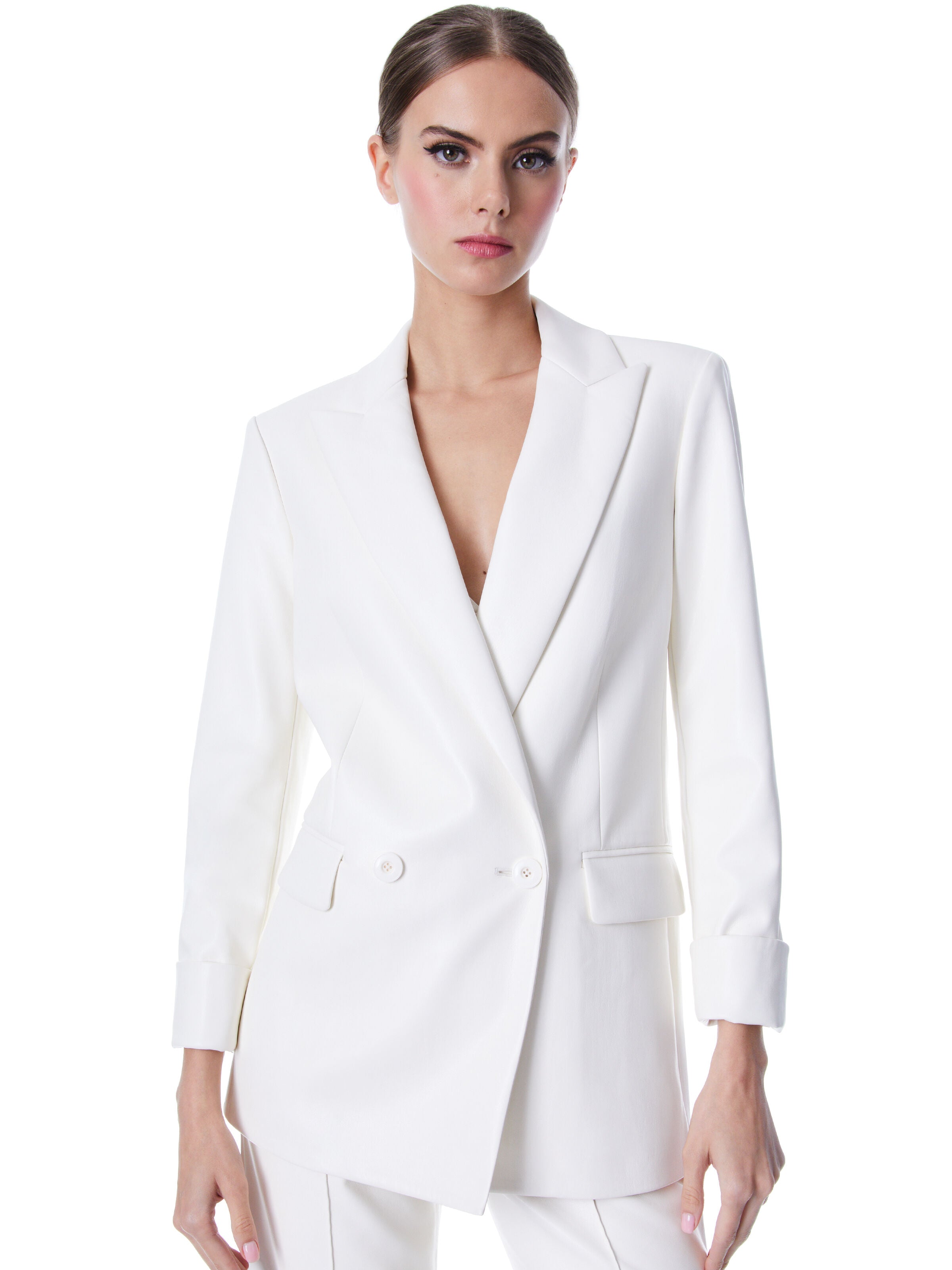 JUSTIN VEGAN LEATHER DOUBLE BREASTED BLAZER-ALICE + OLIVIA