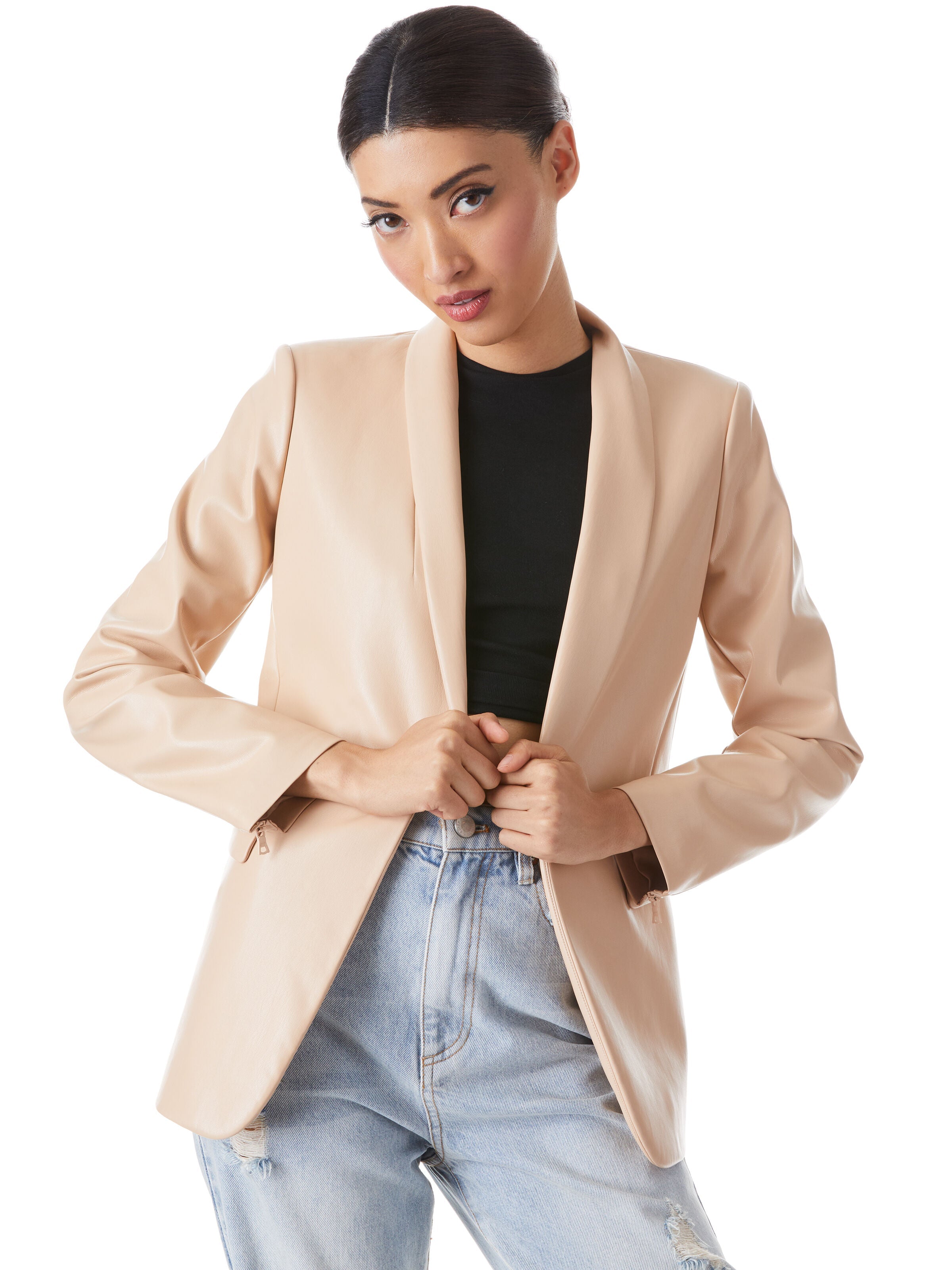 MACEY VEGAN LEATHER SHAWL COLLAR BLAZER-ALMOND-ALICE + OLIVIA
