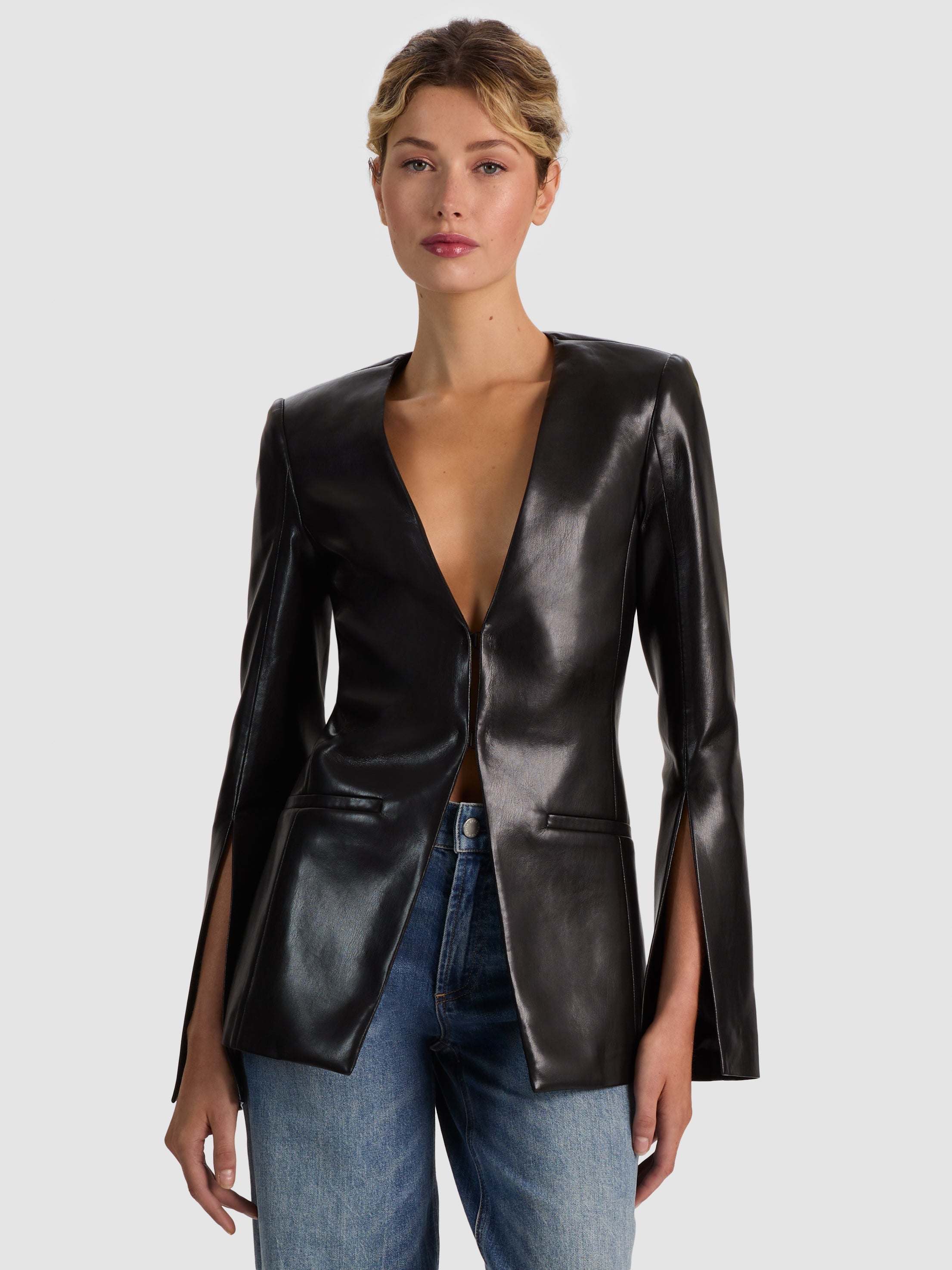 VENITA VEGAN COLLARLESS BLAZER - BLACK