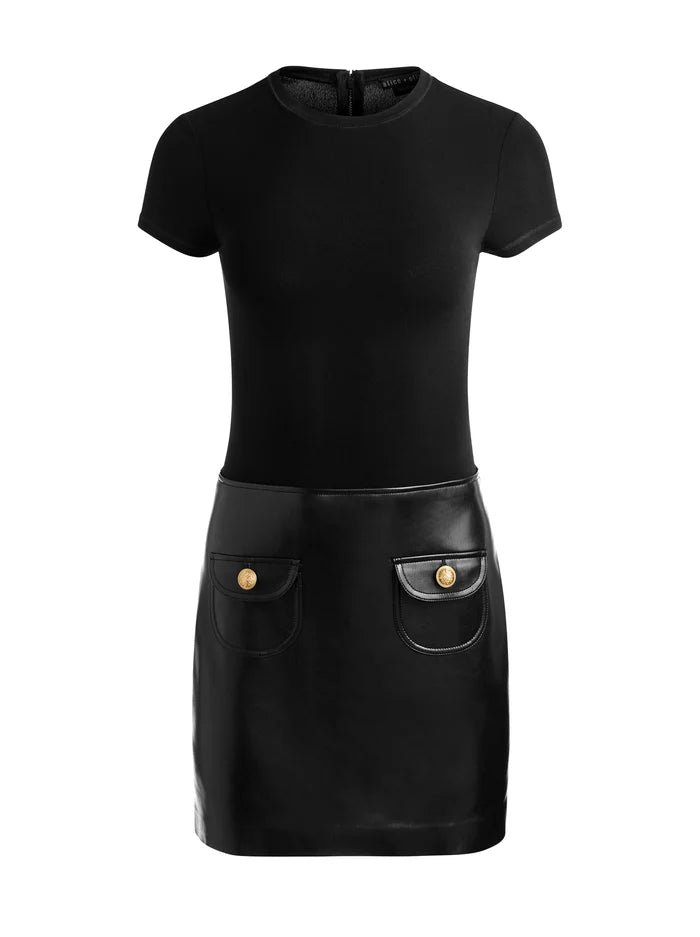 SYDNEY VGN LTHR LS A LINE MINI DRESS-ALICE + OLIVIA