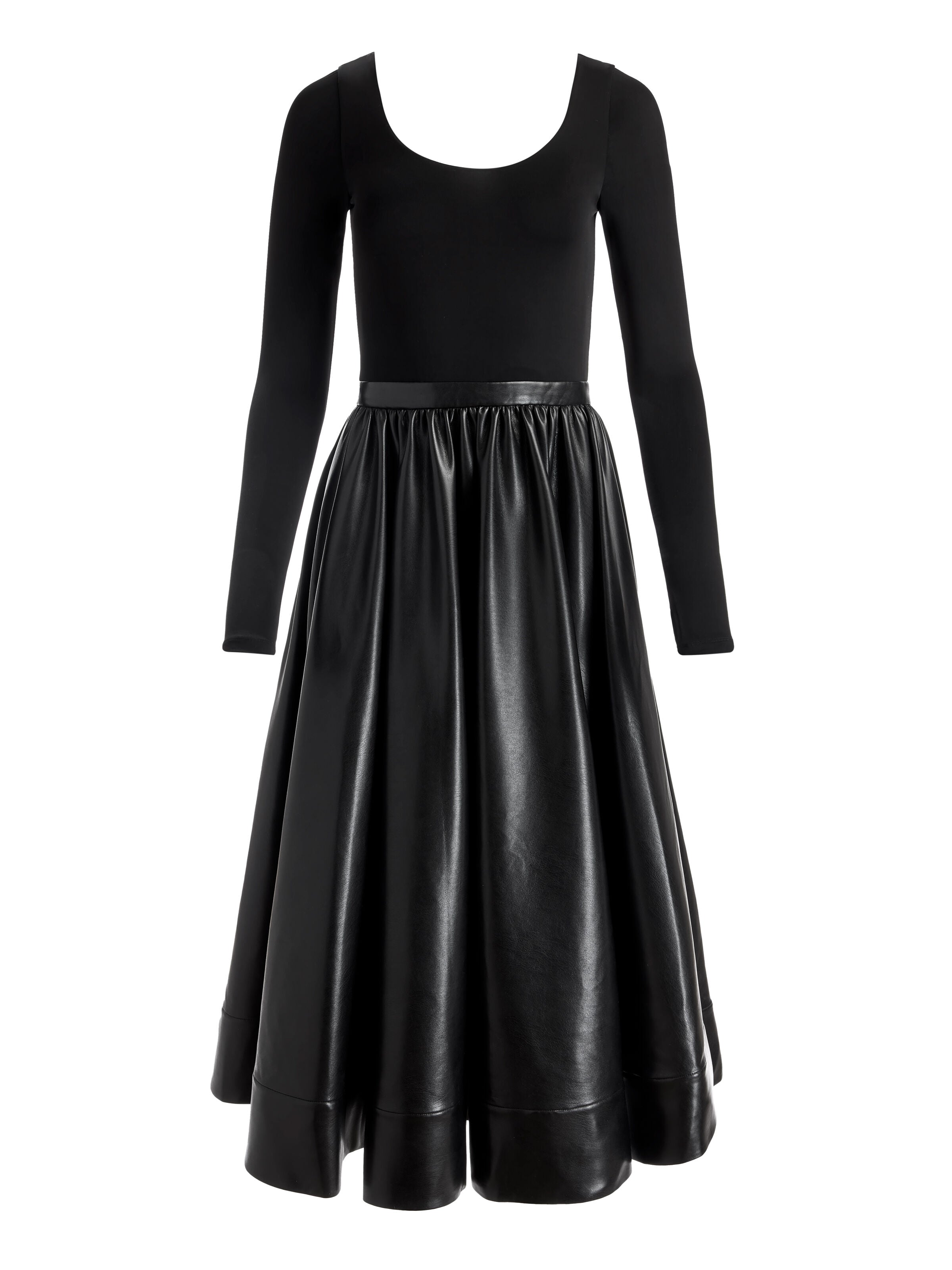 CHARA VGN LEATHER LS SCOOP NK MIDI DRESS
