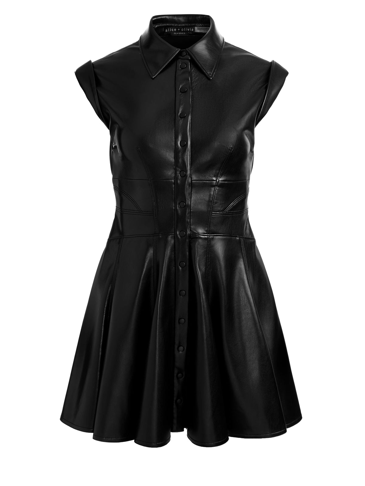 KIM VGN LTHR PANELED CORSET FLARED MINI SHIRT DRESS - BLACK
