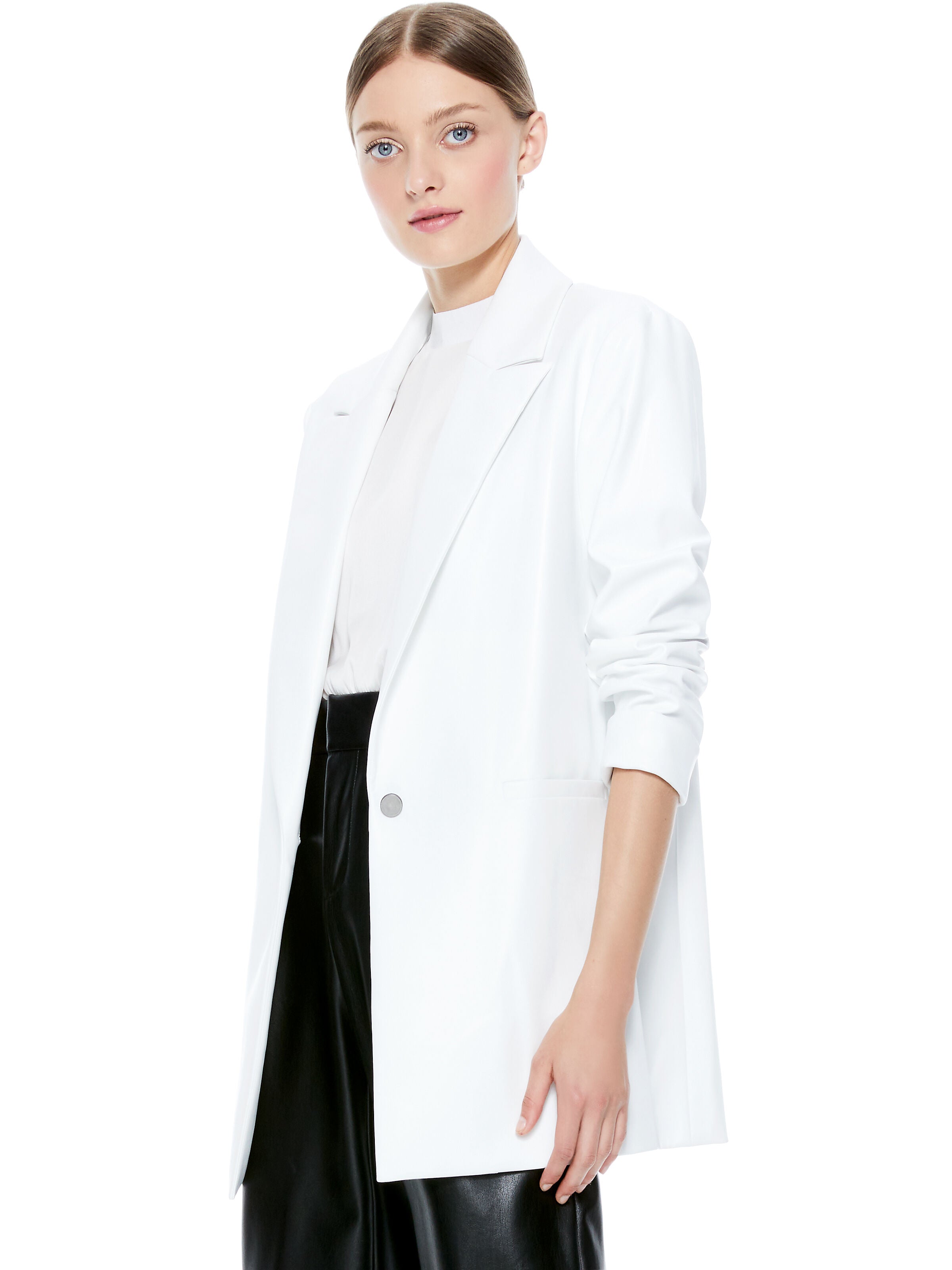 DUNN ROLL CUFF VEGAN LEATHER BLAZER-ALICE + OLIVIA