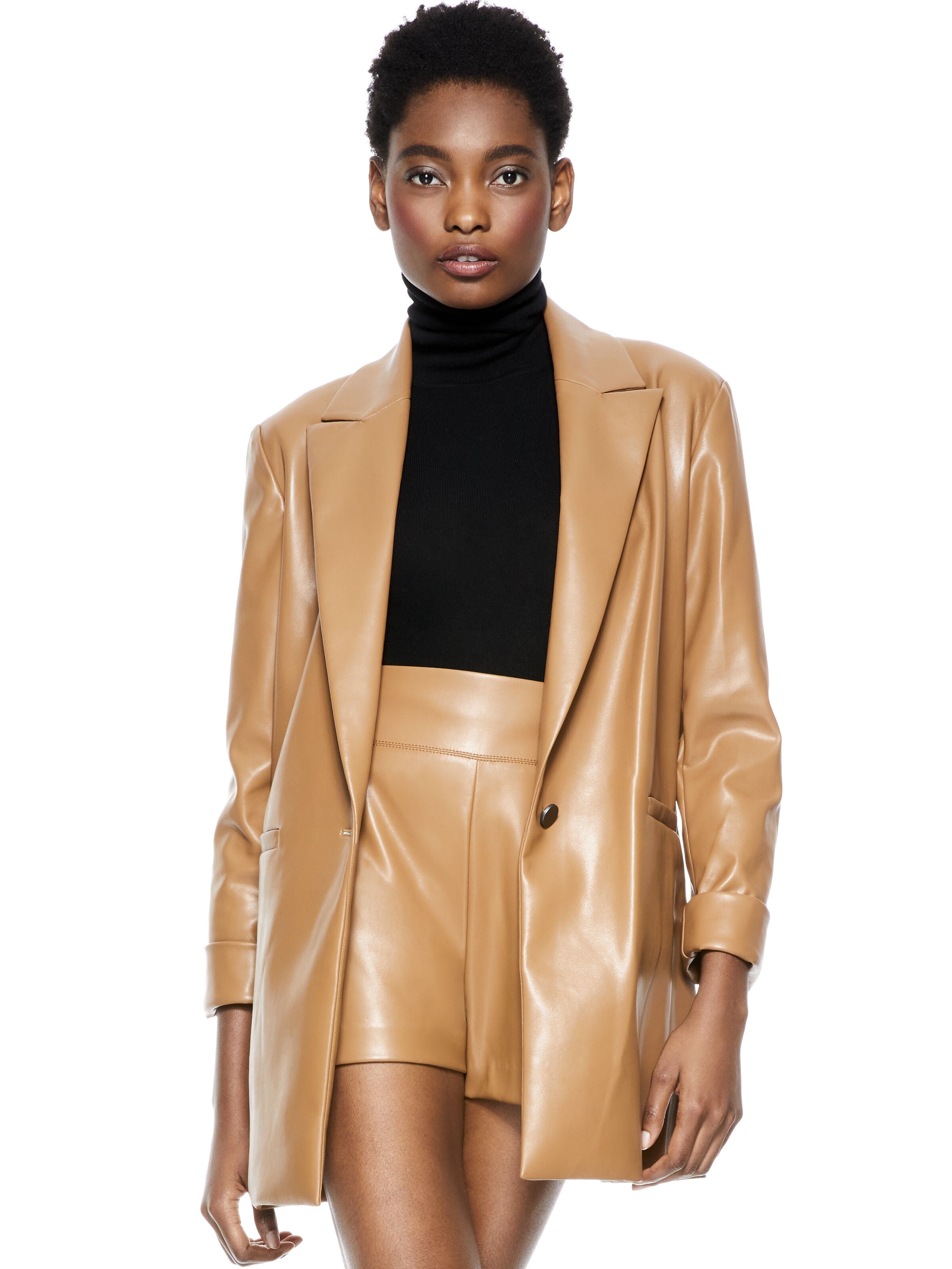 DUNN ROLL CUFF VEGAN LEATHER BLAZER-ALICE + OLIVIA