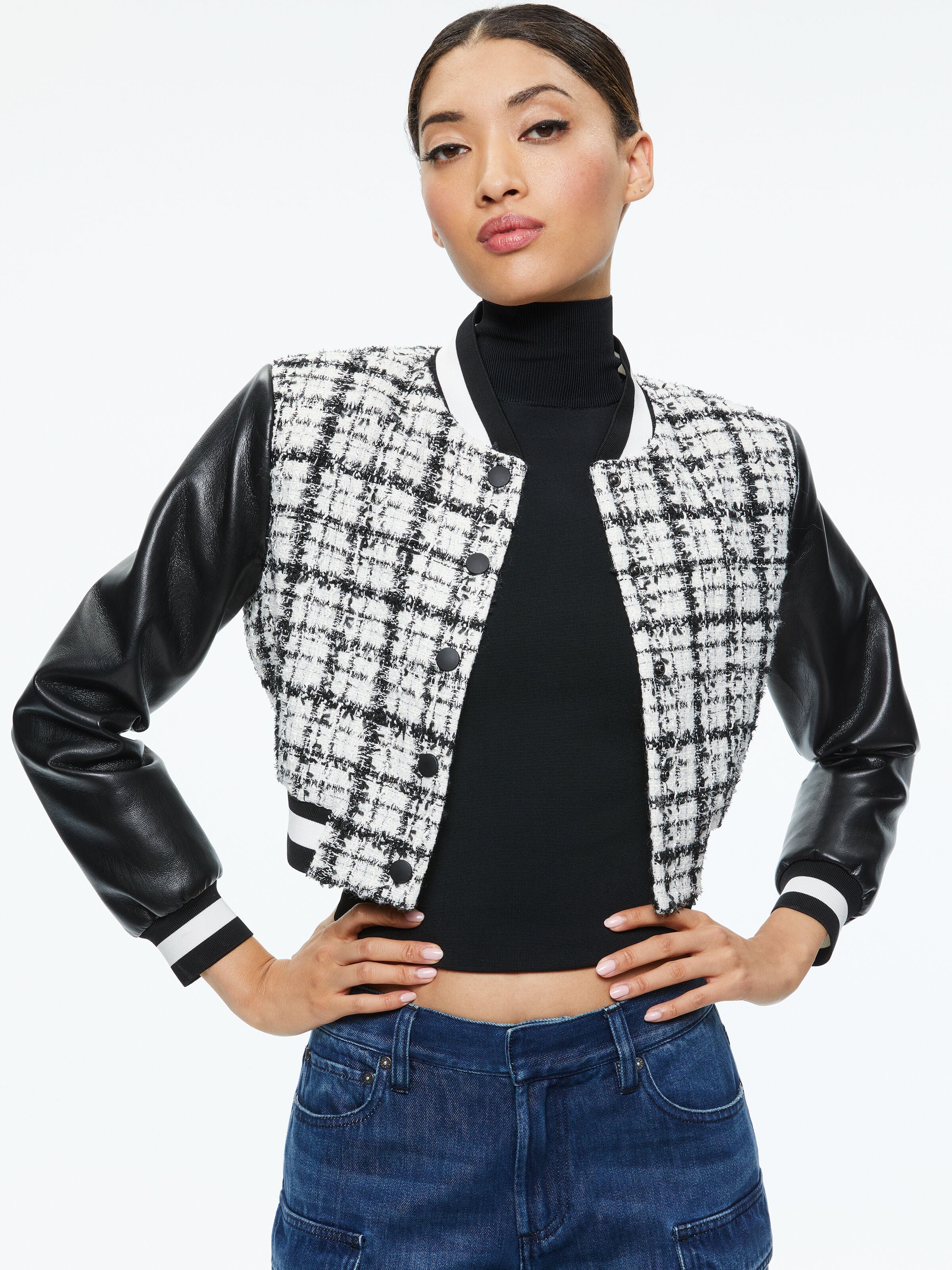 CAMELIA CROPPED COMBINATION VARSITY JACKET-ALICE + OLIVIA