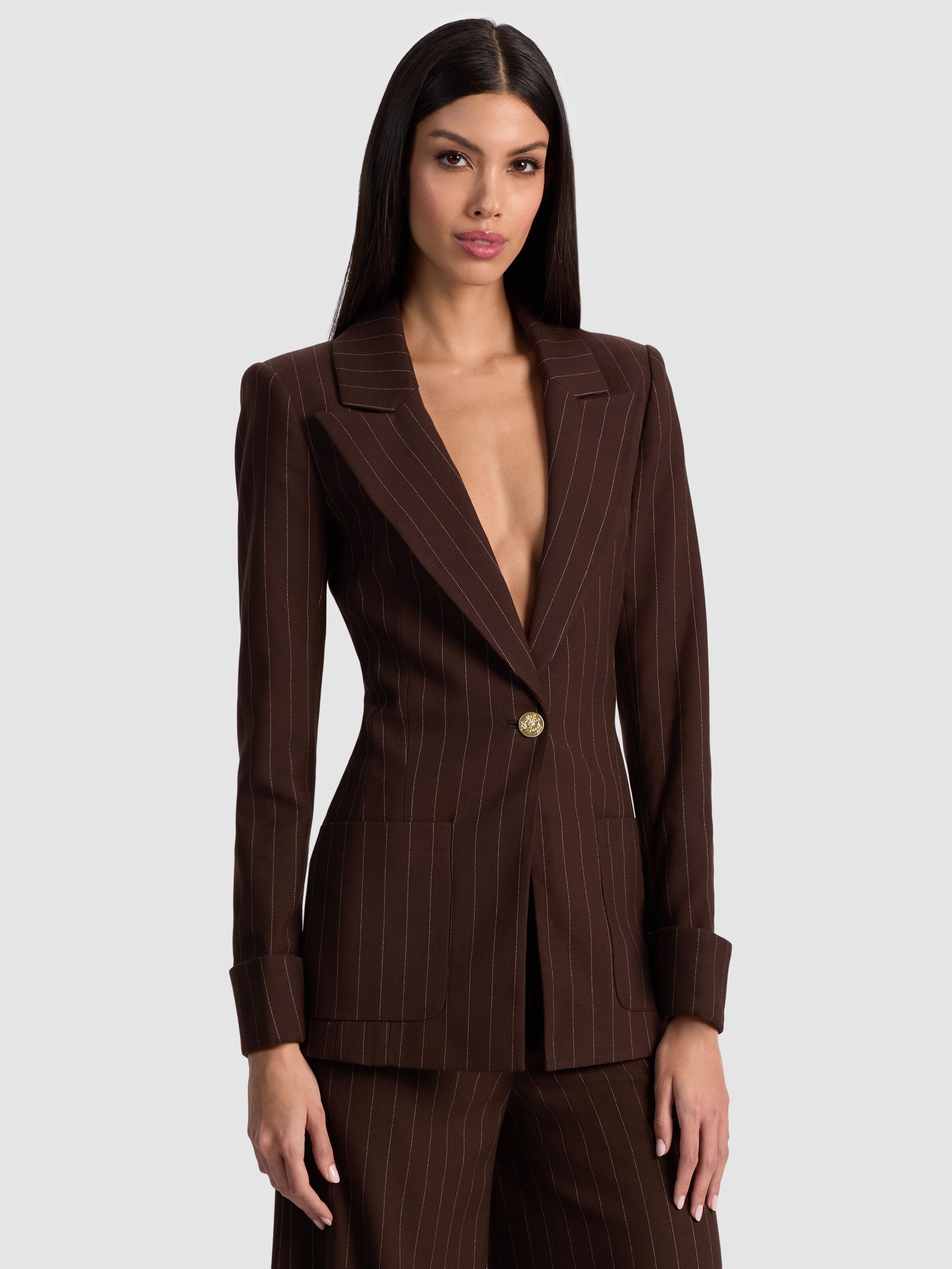 BURNS FITTED BLAZER-DARK CHOCOLATE/OFF WHITE-ALICE + OLIVIA