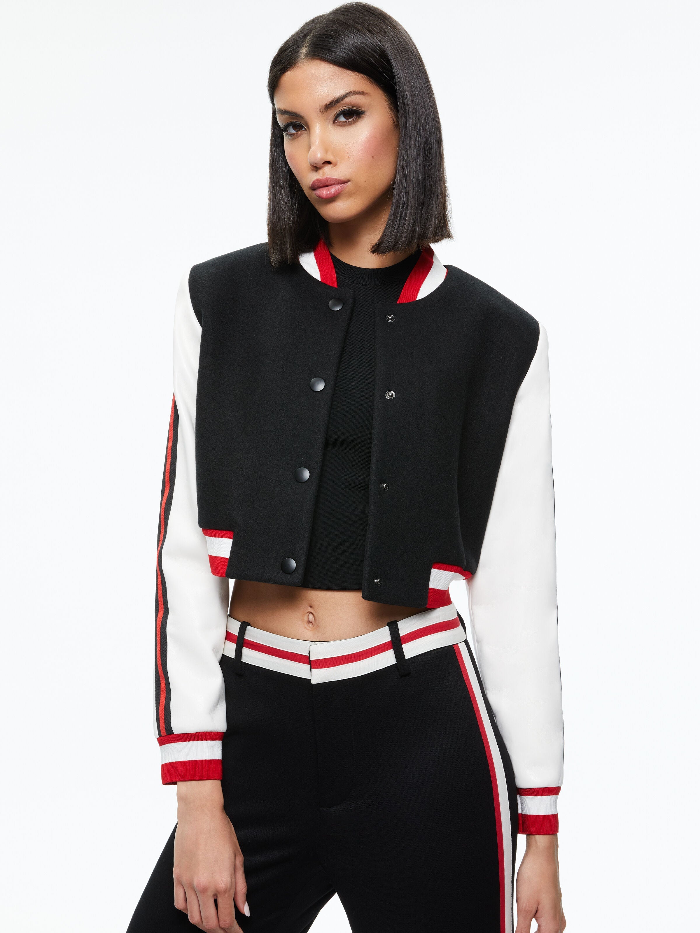 BARTON CROPPED VEGAN LEATHER VARSITY JACKET-ALICE + OLIVIA