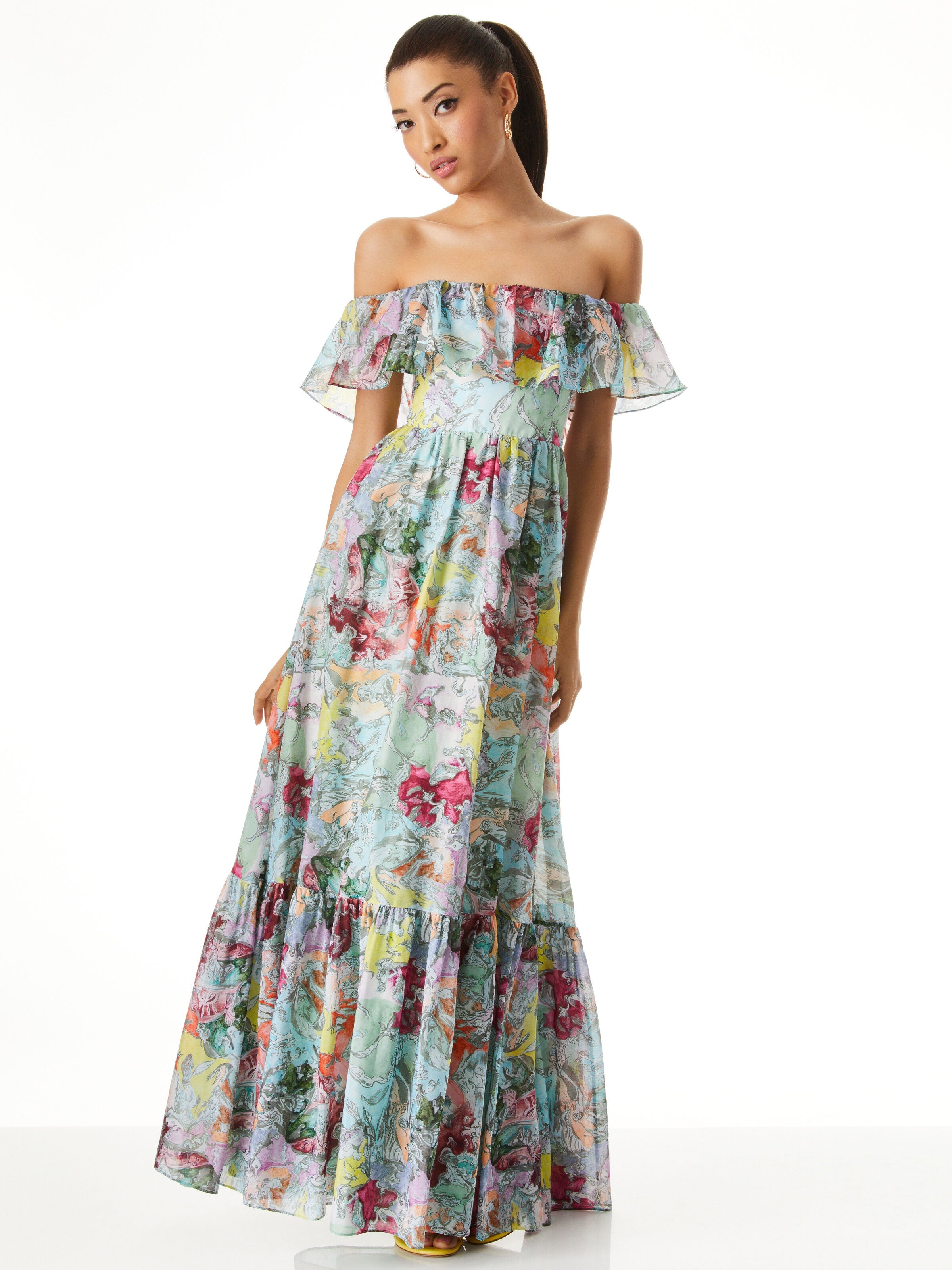 A+O X LOLA SCHNABEL TEMPIE RUFFLE OFF SHOULDER MAXI DRESS-ALICE + OLIVIA