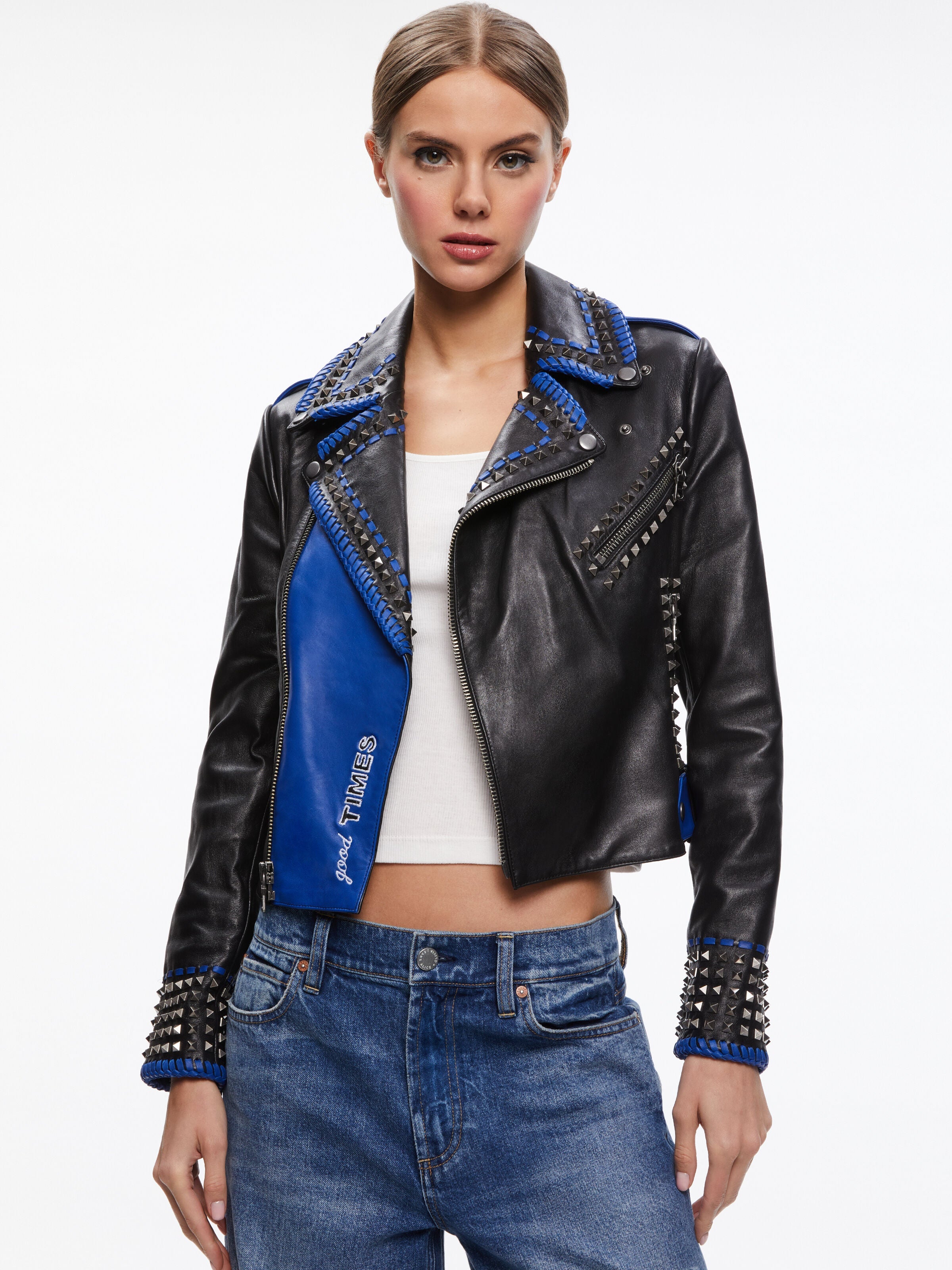 A+O X DEBORAH KASS CODY MOTO LEATHER JACKET-BLACK/BLUE-ALICE + OLIVIA