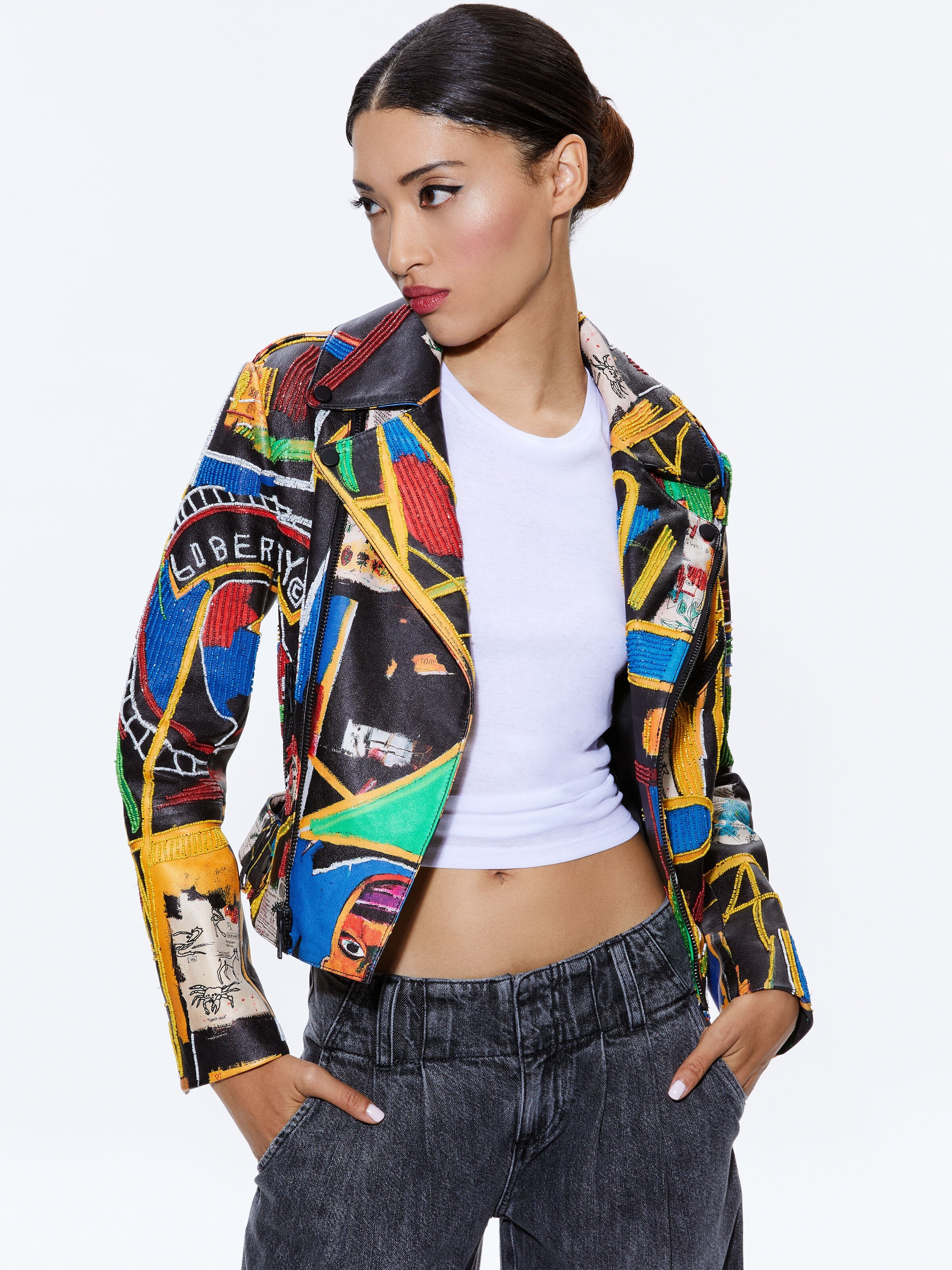 A+O X BASQUIAT CODY EMBELLISHED LEATHER JACKET-ALICE + OLIVIA