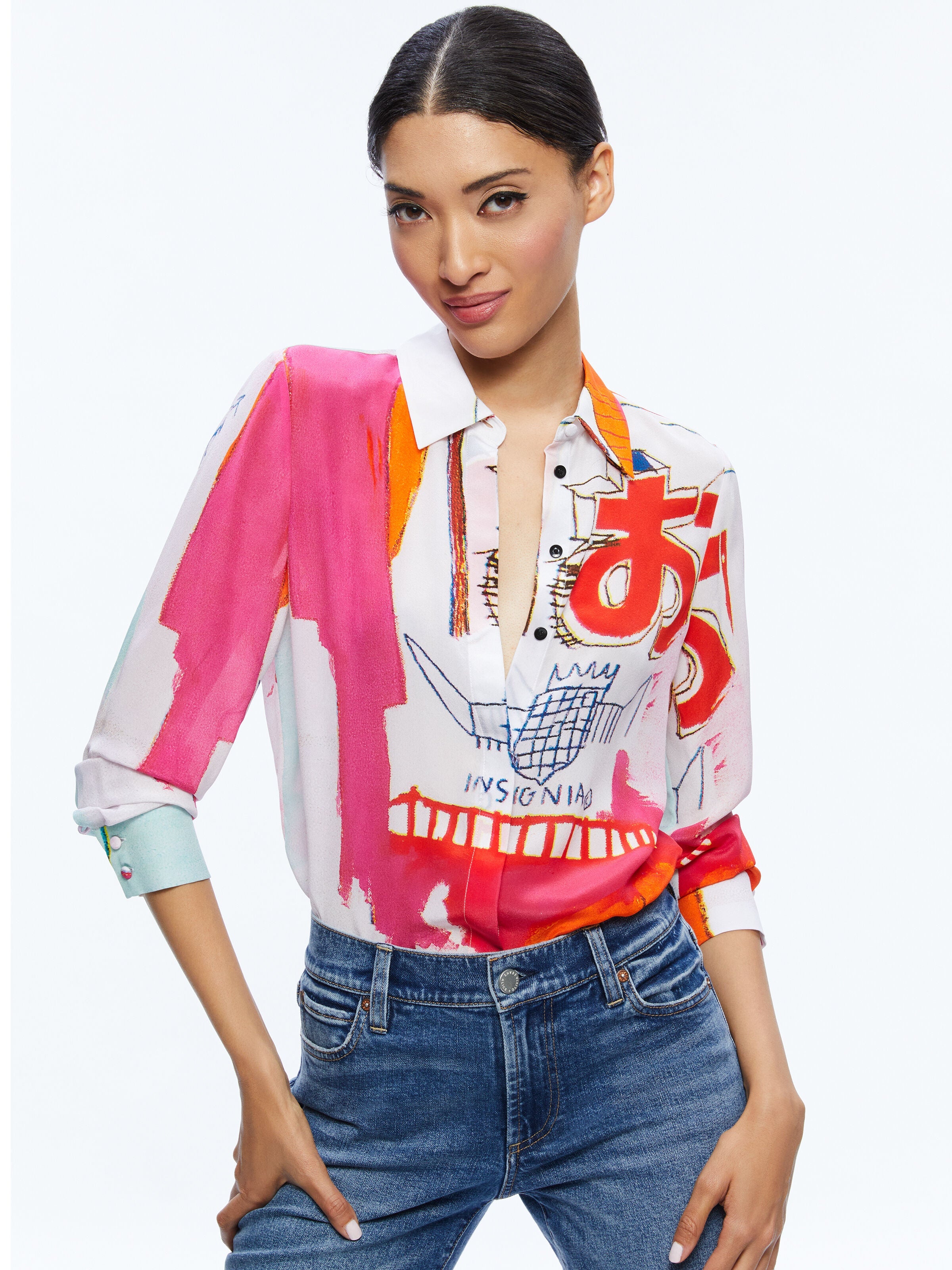 A+O X BASQUIAT WILLA PLACKET TOP-ALICE + OLIVIA