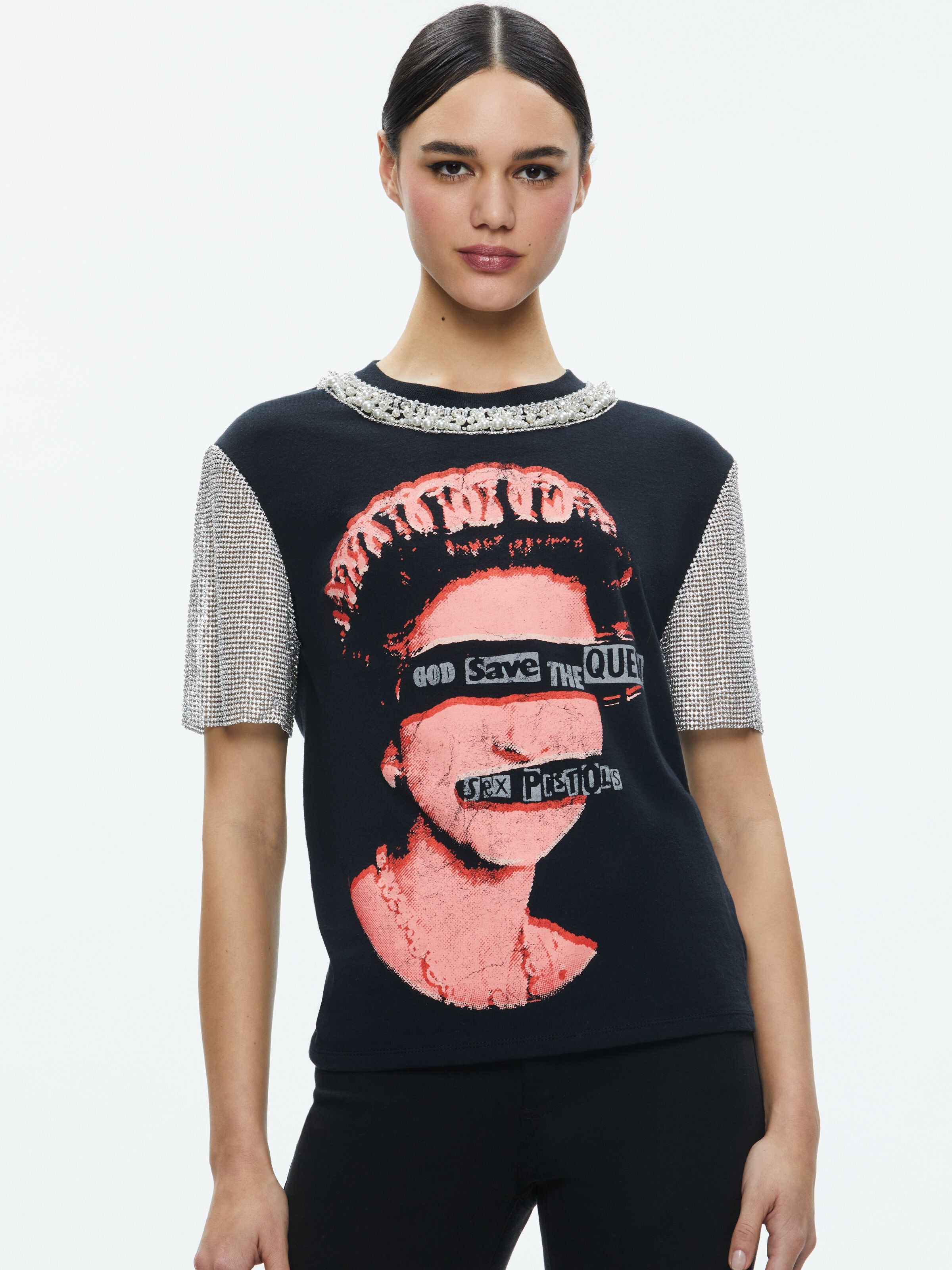 TARI EMBELLISHED CRYSTAL SLEEVE TEE-ALICE + OLIVIA